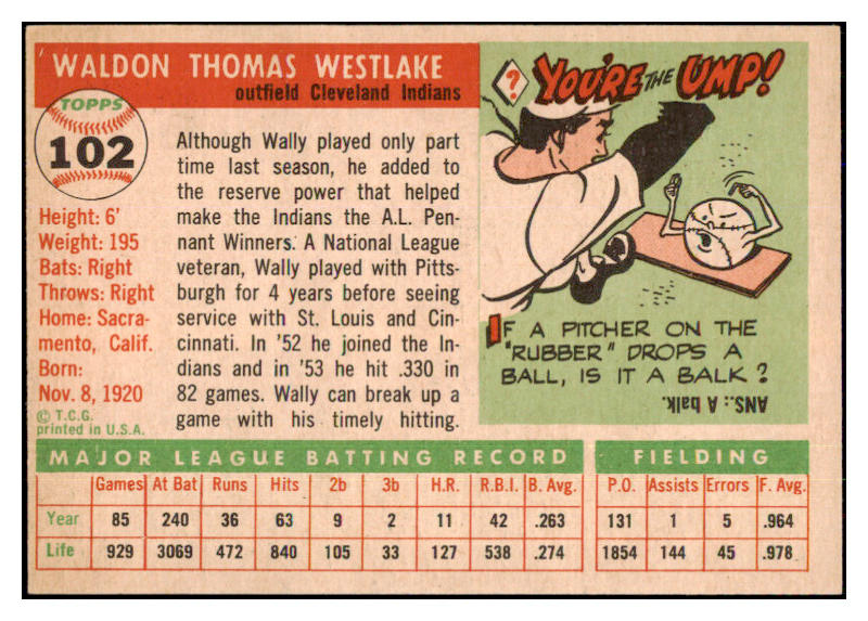 1955 Topps Baseball #102 Wally Westlake Indians EX-MT 493727