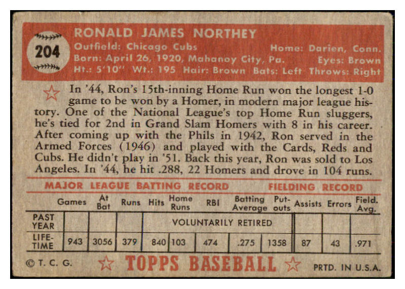 1952 Topps Baseball #204 Ron Northey Cubs VG 493862