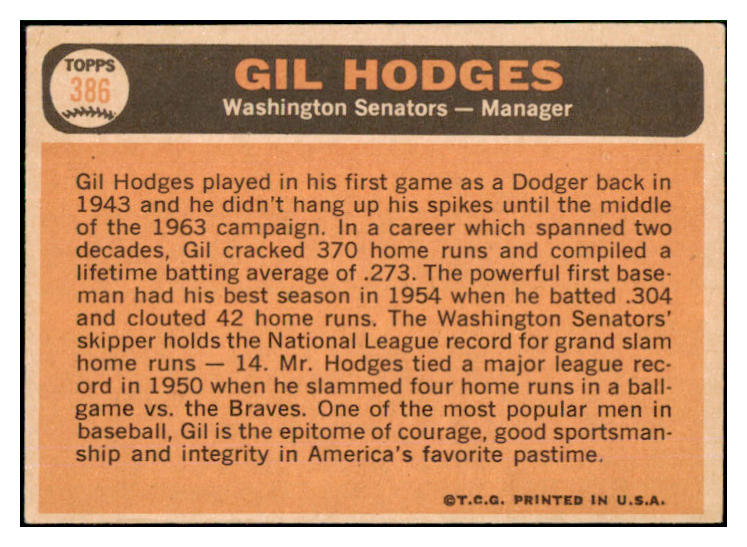 1966 Topps Baseball #386 Gil Hodges Senators EX 494042