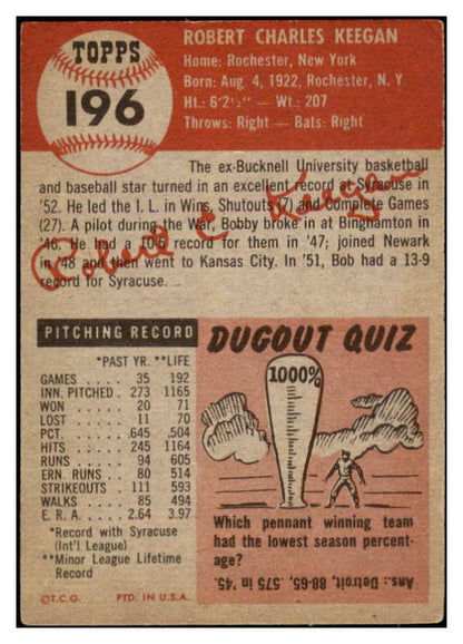 1953 Topps Baseball #196 Bob Keegan White Sox EX 494149