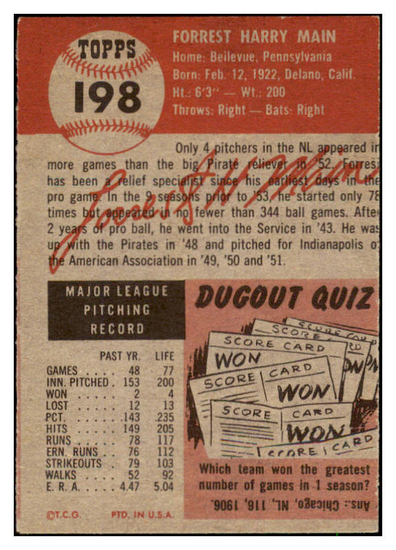 1953 Topps Baseball #198 Forrest Main Pirates EX 494155