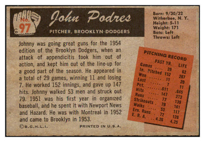 1955 Bowman Baseball #097 Johnny Podres Dodgers EX-MT 494179