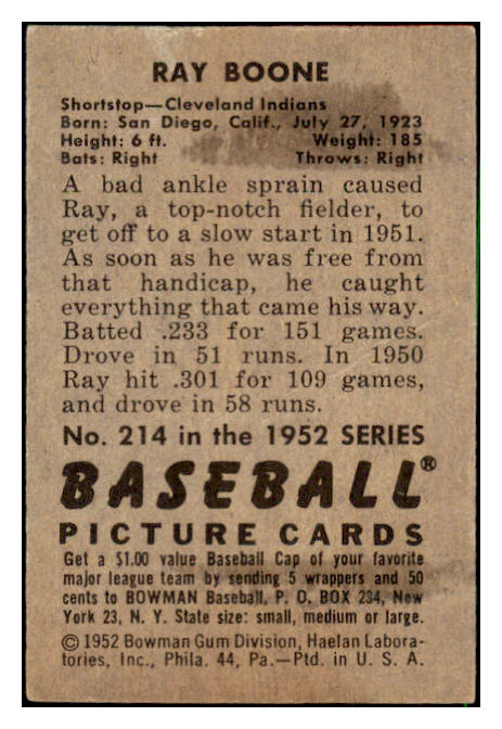 1952 Bowman Baseball #214 Ray Boone Indians EX-MT 494206