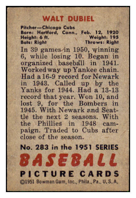 1951 Bowman Baseball #283 Walt Dubiel Cubs EX-MT 494219