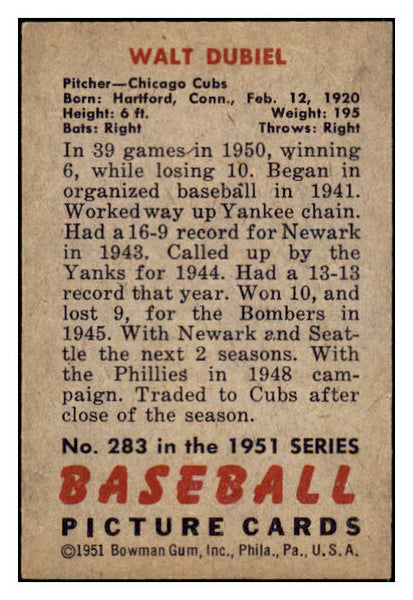 1951 Bowman Baseball #283 Walt Dubiel Cubs EX-MT 494219