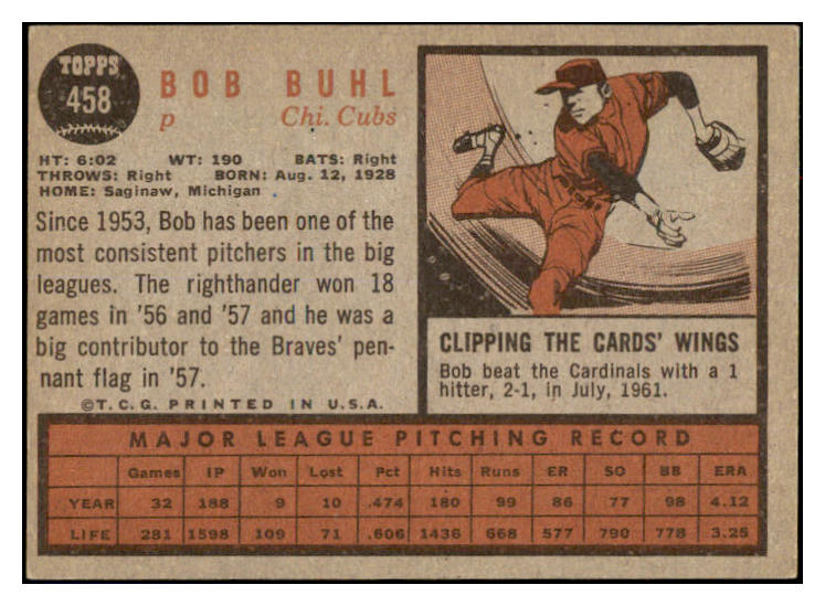 1962 Topps Baseball #458 Bob Buhl Cubs EX Variation 494917