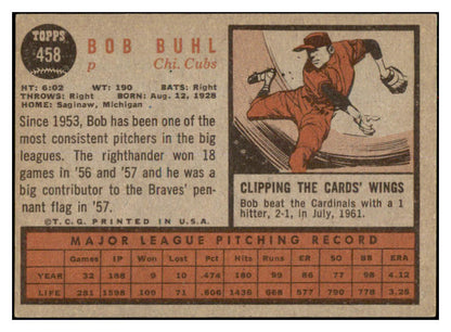 1962 Topps Baseball #458 Bob Buhl Cubs EX Variation 494917