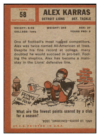 1962 Topps Football #058 Alex Karras Lions VG-EX 495285