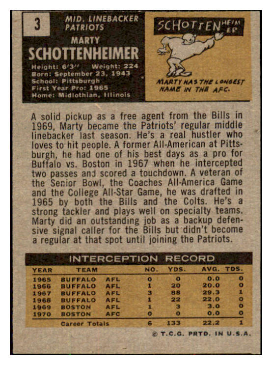 1971 Topps Football #003 Marty Schottenheimer Patriots EX-MT 495317