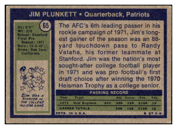 1972 Topps Football #065 Jim Plunkett Patriots VG-EX 495320