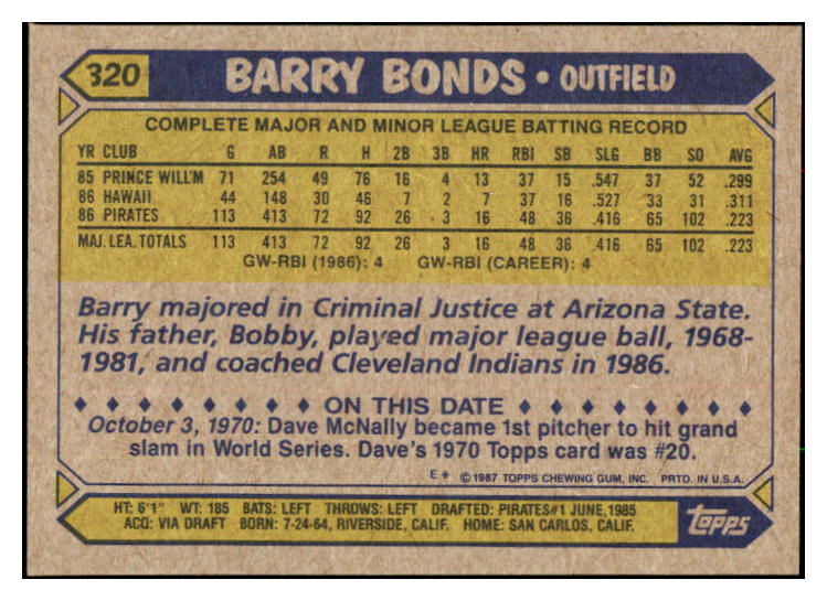 1987 Topps #320 Barry Bonds Pirates NR-MT 495373