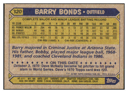 1987 Topps #320 Barry Bonds Pirates NR-MT 495373