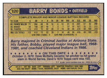 1987 Topps #320 Barry Bonds Pirates NR-MT 495374