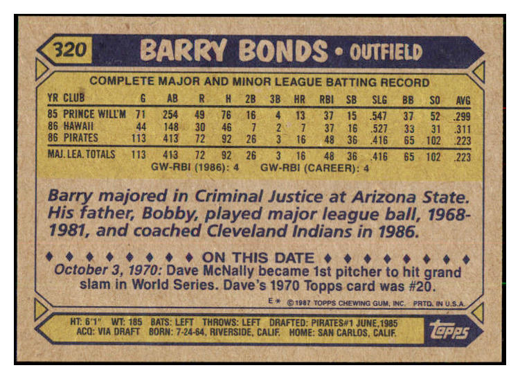1987 Topps #320 Barry Bonds Pirates NR-MT 495375