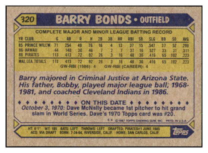 1987 Topps #320 Barry Bonds Pirates EX-MT 495377