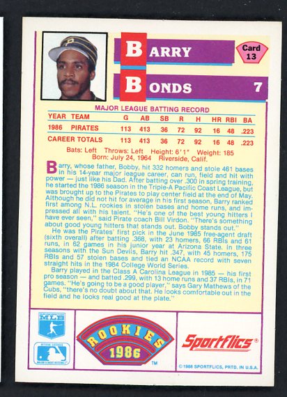 1986 Sportflics Rookies #013 Barry Bonds Pirates NR-MT 495439