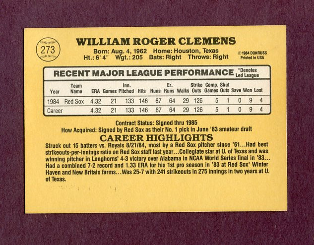 1985 Donruss #273 Roger Clemens Red Sox NR-MT 495748
