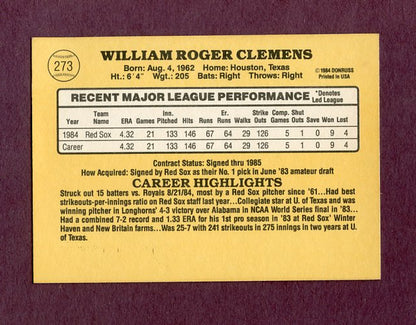 1985 Donruss #273 Roger Clemens Red Sox NR-MT 495748