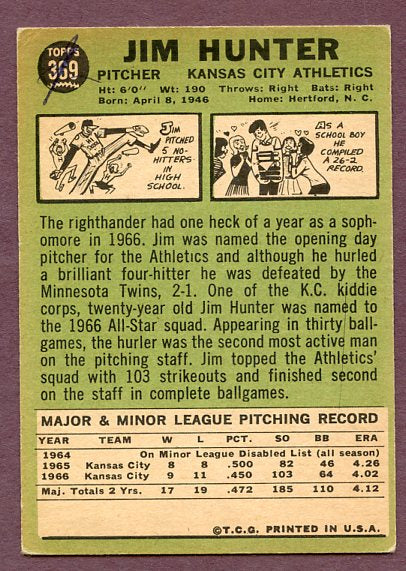 1967 Topps Baseball #369 Catfish Hunter A's VG ink back 495871