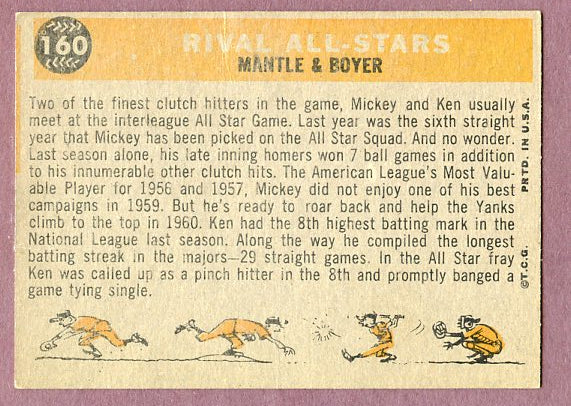 1960 Topps Baseball #160 Mickey Mantle Ken Boyer VG 495883