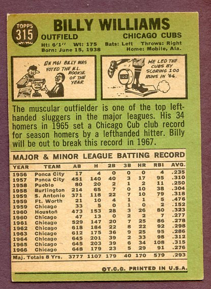 1967 Topps Baseball #315 Billy Williams Cubs Good ink front 496034