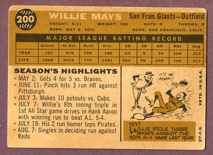1960 Topps Baseball #200 Willie Mays Giants VG 496073