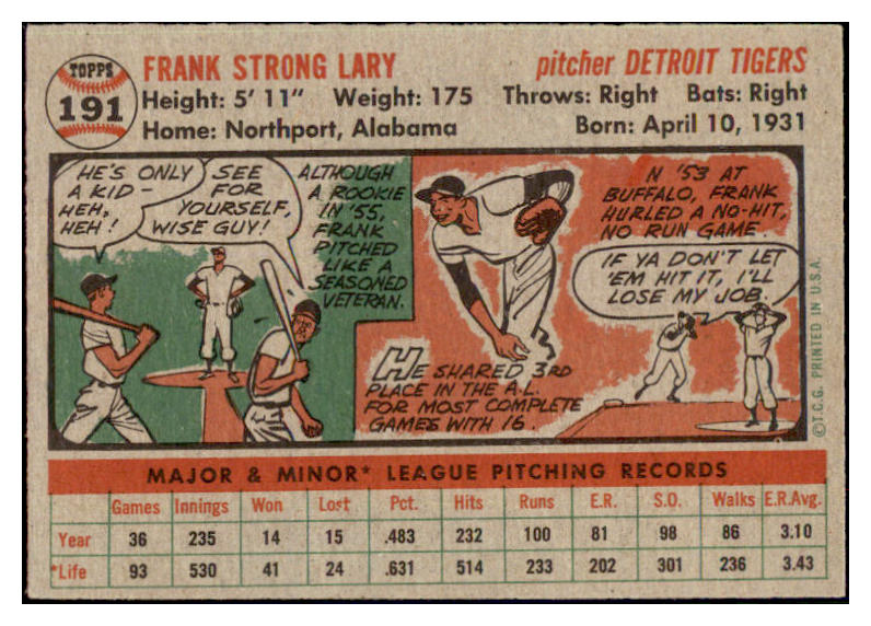 1956 Topps Baseball #191 Frank Lary Tigers NR-MT 496736