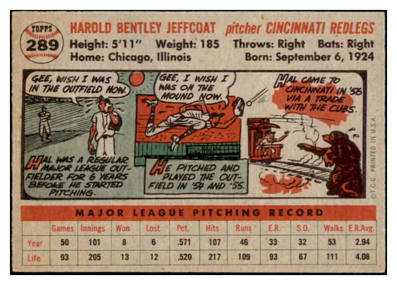 1956 Topps Baseball #289 Hal Jeffcoat Reds NR-MT 496864