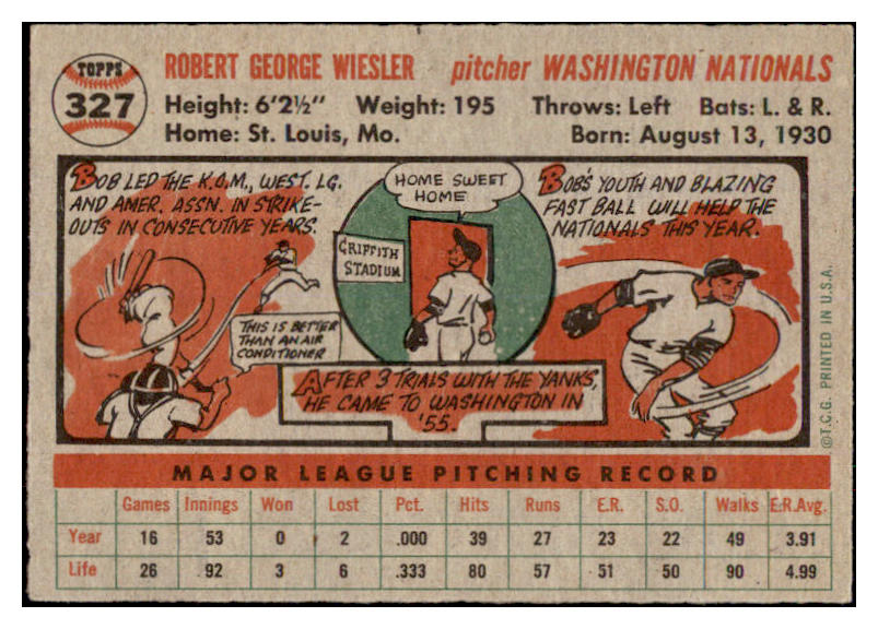 1956 Topps Baseball #327 Bob Wiesler Senators NR-MT 496933