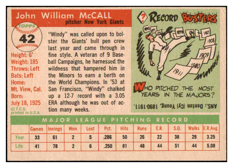 1955 Topps Baseball #042 Windy McCall Giants NR-MT 497022