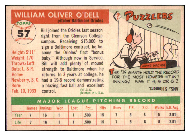 1955 Topps Baseball #057 Billy O'Dell Orioles EX-MT 497049