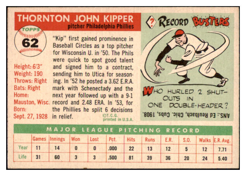 1955 Topps Baseball #062 Thornton Kipper Phillies NR-MT 497061