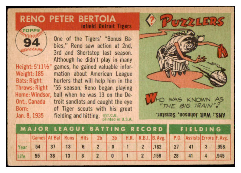 1955 Topps Baseball #094 Reno Bertoia Tigers EX-MT 497108
