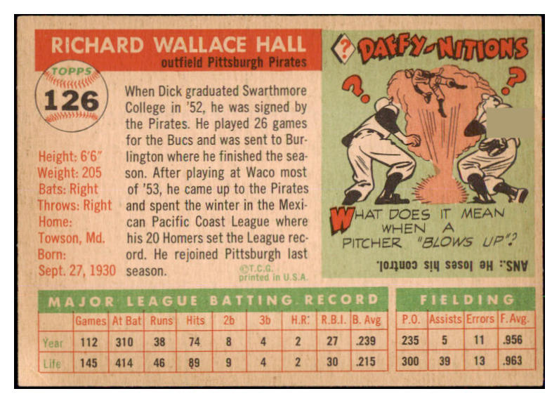 1955 Topps Baseball #126 Dick Hall Pirates EX-MT 497179