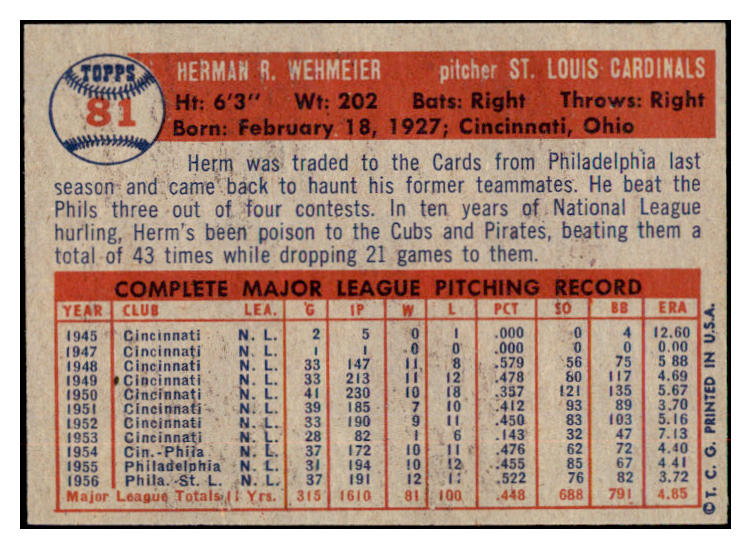 1957 Topps Baseball #081 Herm Wehmeier Cardinals NR-MT 497311
