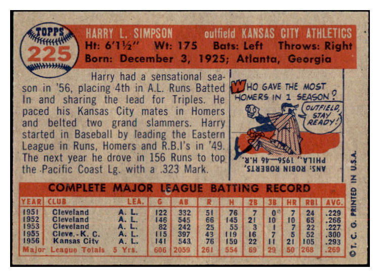 1957 Topps Baseball #225 Harry Simpson A's NR-MT 497424