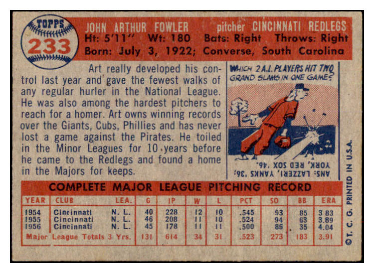 1957 Topps Baseball #233 Art Fowler Reds EX-MT 497432