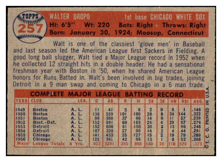 1957 Topps Baseball #257 Walt Dropo White Sox NR-MT 497459