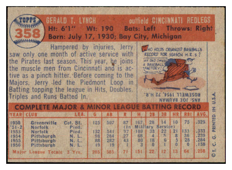 1957 Topps Baseball #358 Jerry Lynch Reds NR-MT 497510