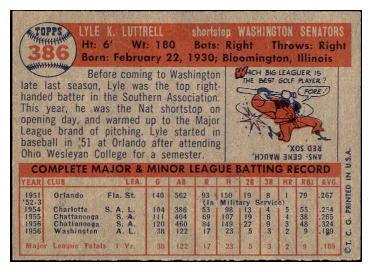 1957 Topps Baseball #386 Lyle Luttrell Senators NR-MT 497532