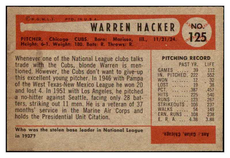 1954 Bowman Baseball #125 Warren Hacker Cubs EX-MT 497686