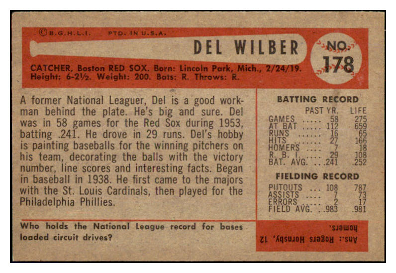 1954 Bowman Baseball #178 Del Wilber Red Sox NR-MT 497742