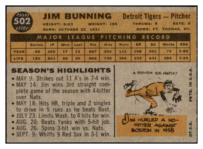 1960 Topps Baseball #502 Jim Bunning Tigers NR-MT 497944