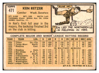 1963 Topps Baseball #471 Ken Retzer Senators Good 497992