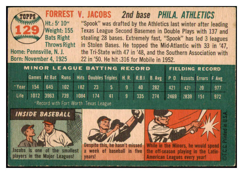1954 Topps Baseball #129 Spook Jacobs A's EX-MT 498023