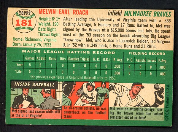1954 Topps Baseball #181 Mel Roach Braves NR-MT 498042