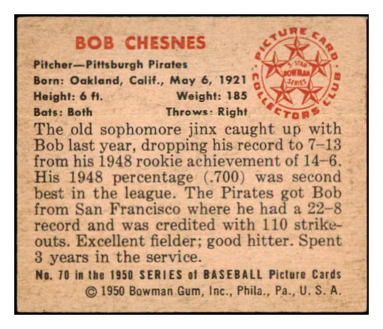 1950 Bowman Baseball #070 Bob Chesnes Pirates EX-MT 498079