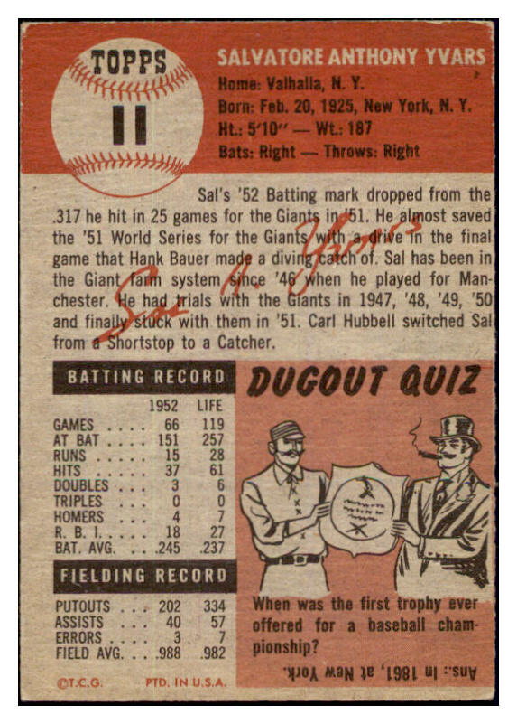 1953 Topps Baseball #011 Sal Yvars Giants EX 498280