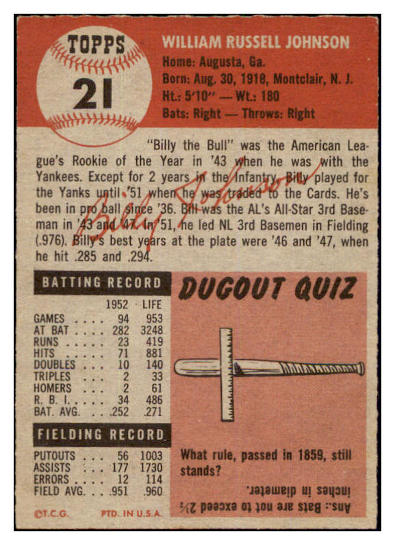 1953 Topps Baseball #021 Billy Johnson Cardinals EX 498312
