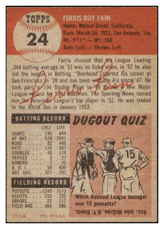 1953 Topps Baseball #024 Ferris Fain A's EX 498326